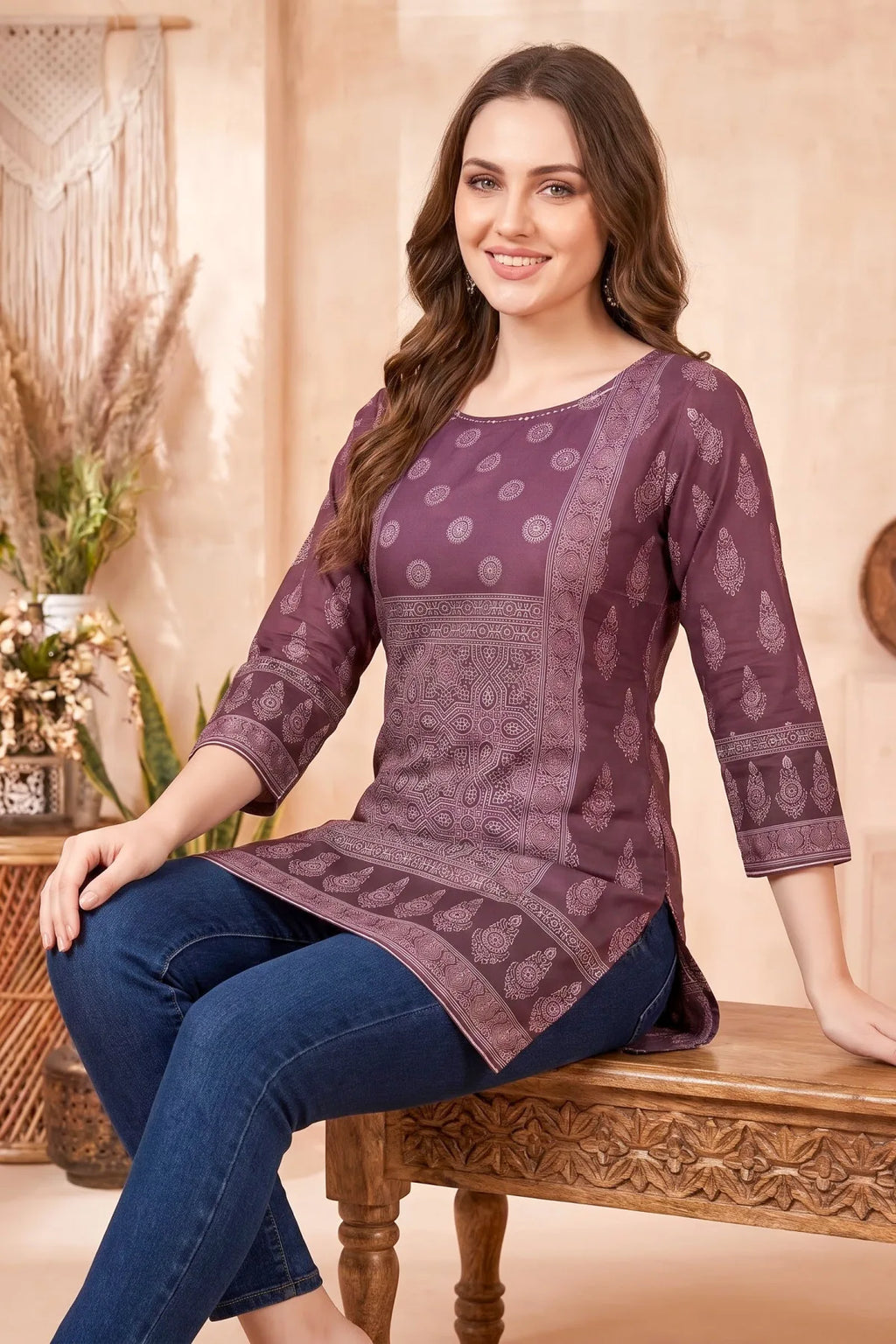Rich Wine Ajrakh Print Cotton Blend Short Kurti with Thread Work
