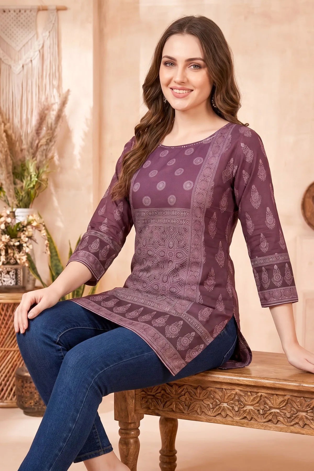 Rich Wine Ajrakh Print Cotton Blend Short Kurti with Thread Work