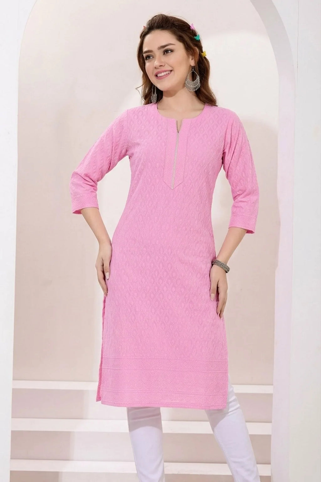 Rosy Pink Rayon Chikankari Long Kurta for Women