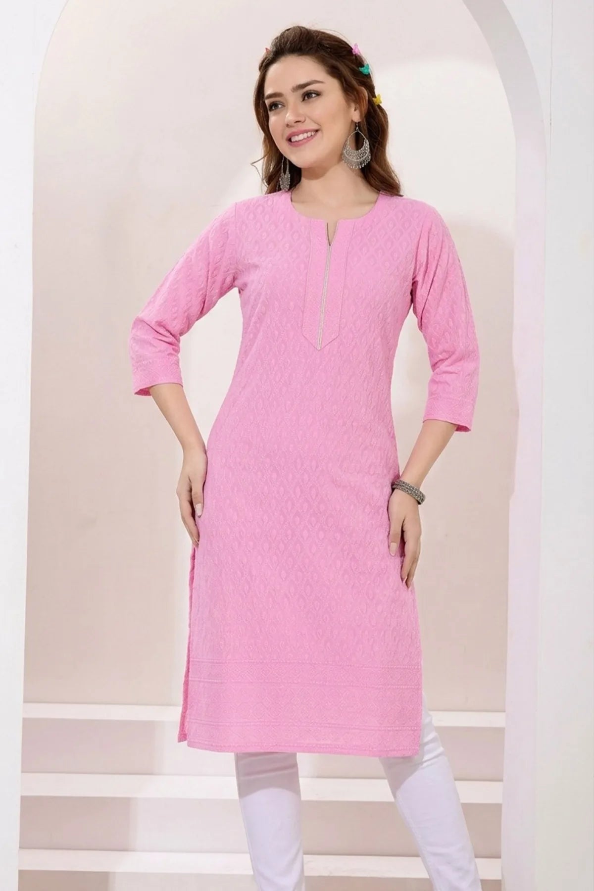 Rosy Pink Rayon Chikankari Long Kurta for Women
