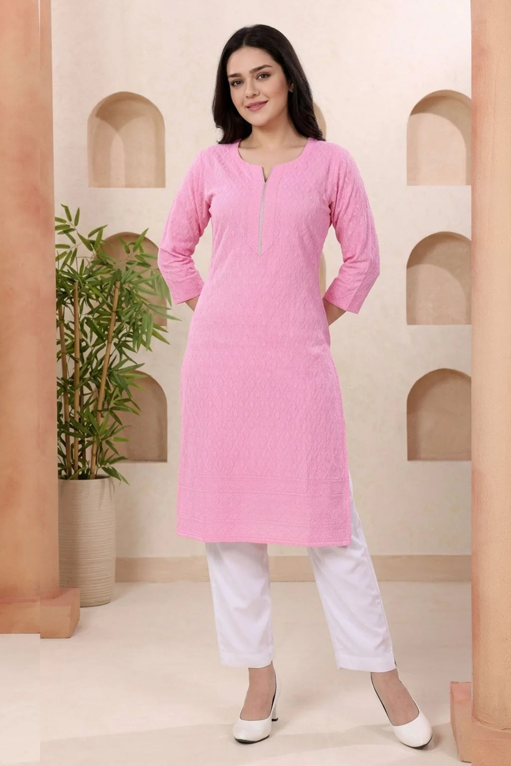 Rosy Pink Rayon Chikankari Long Kurta for Women
