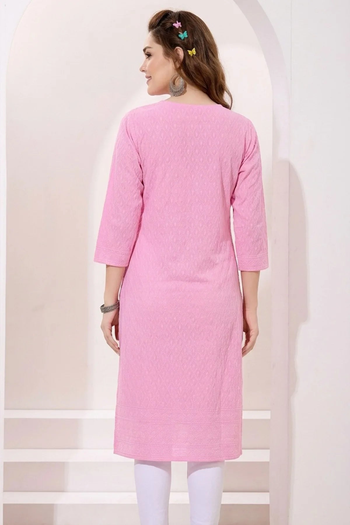 Rosy Pink Rayon Chikankari Long Kurta for Women