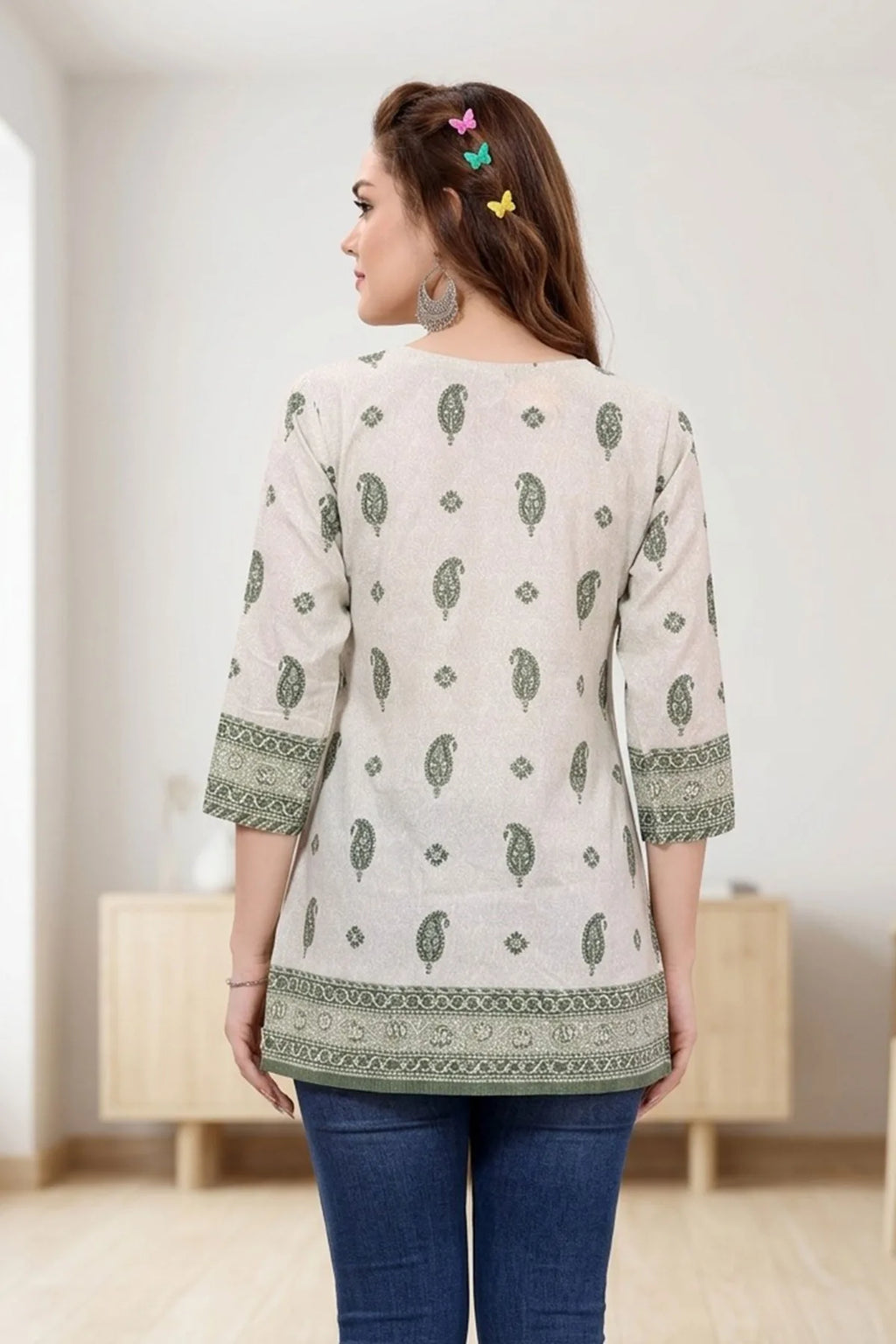 Round Neck Jaipuri Printed Cotton Short Kurti