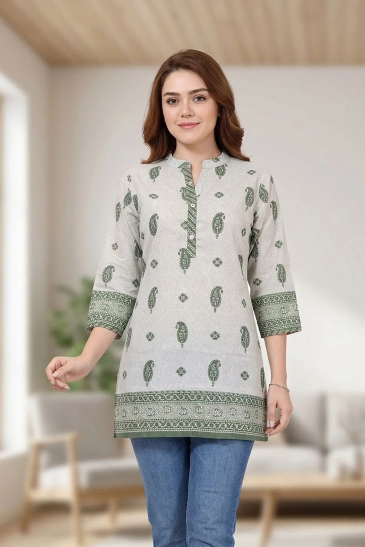 Round Neck Jaipuri Printed Cotton Short Kurti