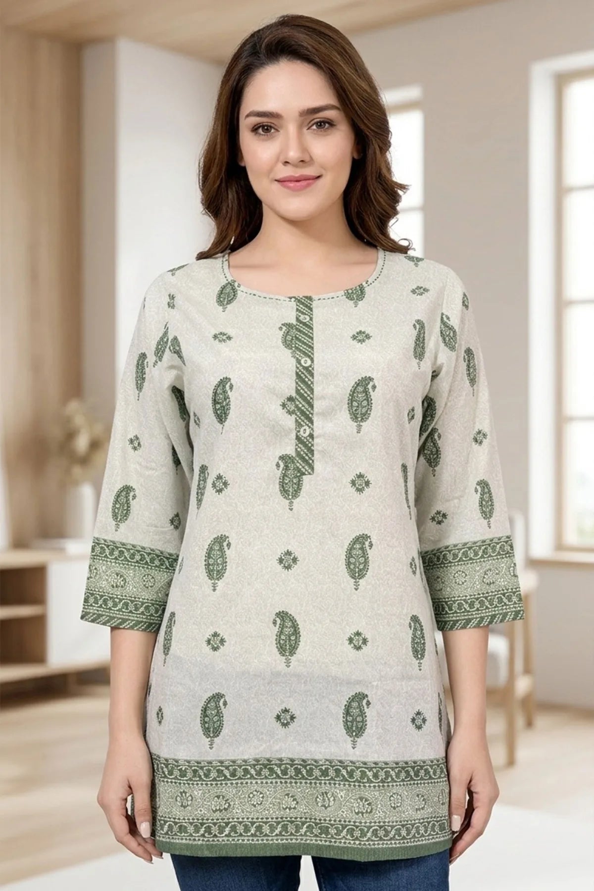 Round Neck Jaipuri Printed Cotton Short Kurti