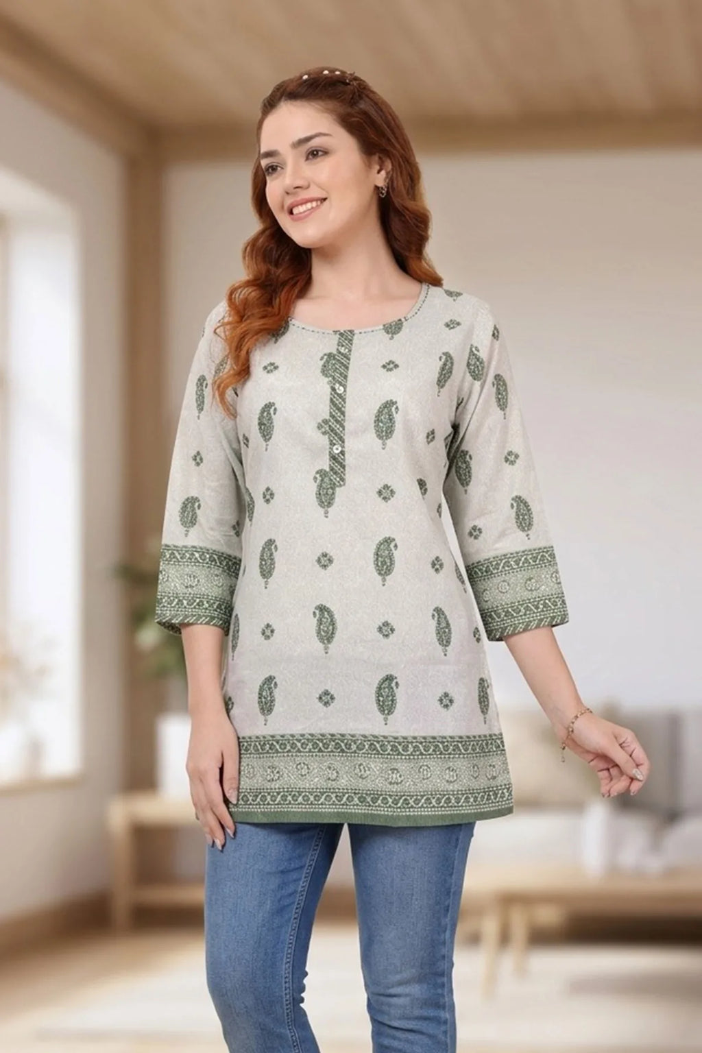 Round Neck Jaipuri Printed Cotton Short Kurti