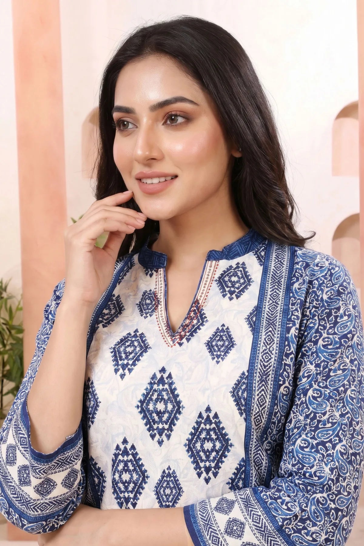 Indigo Blue Ethnic Motif Paisley Print Tunic with Ban Collar