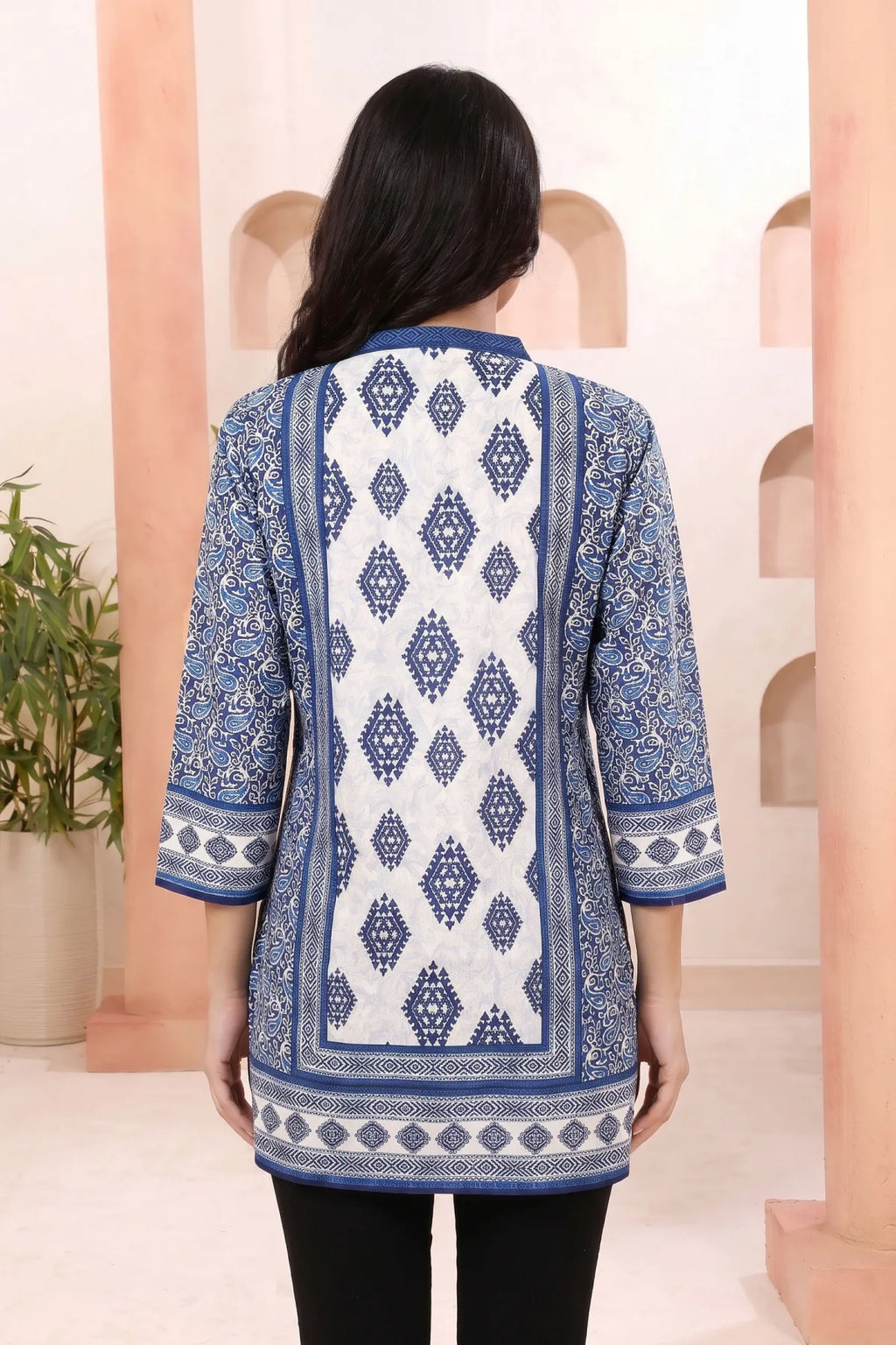 Indigo Blue Ethnic Motif Paisley Print Tunic with Ban Collar