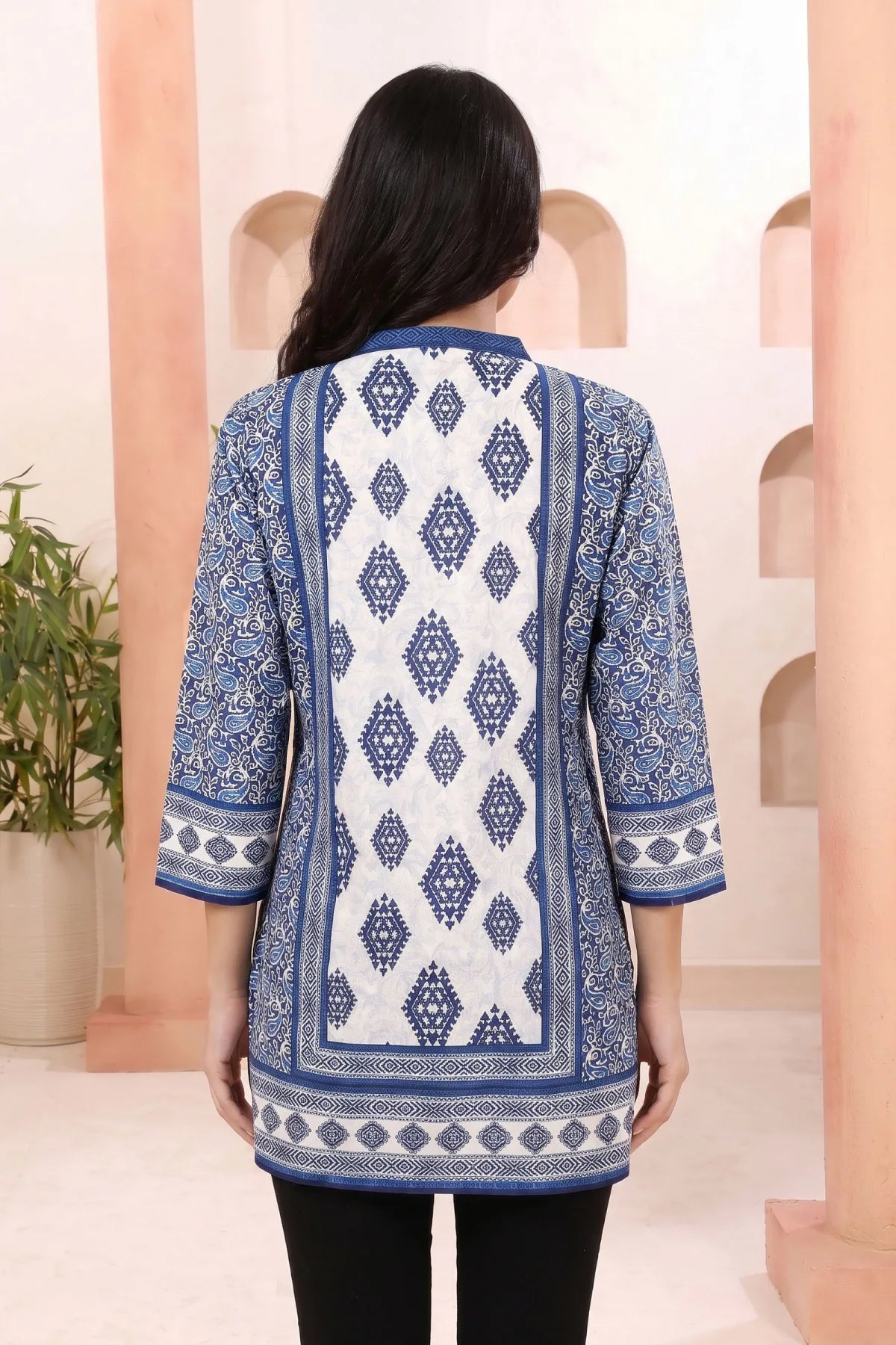 Indigo Blue Ethnic Motif Paisley Print Tunic with Ban Collar