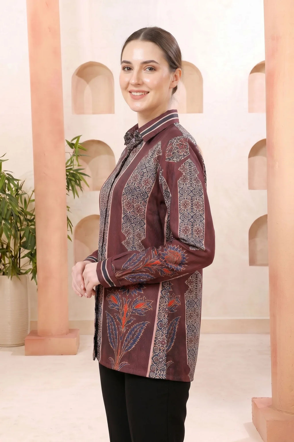 Maroon Modal Silk Printed Tunic with Shirt Collar