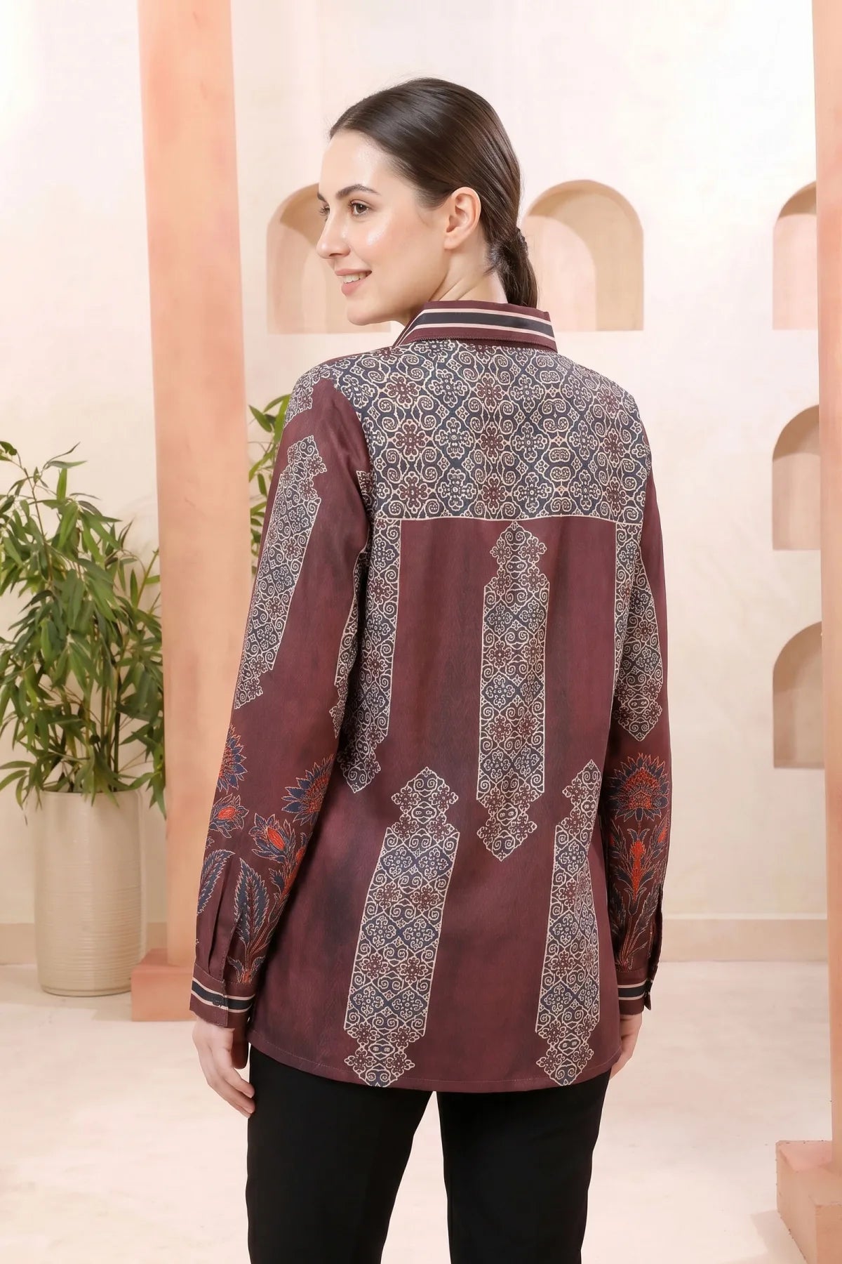 Maroon Modal Silk Printed Tunic with Shirt Collar