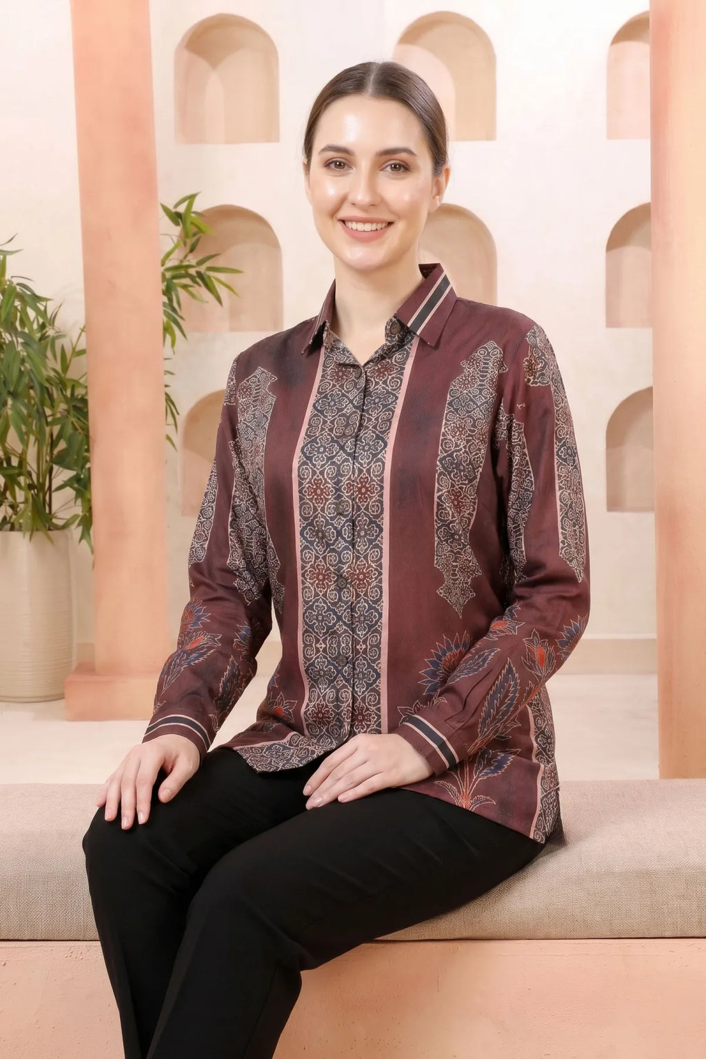 Maroon Modal Silk Printed Tunic with Shirt Collar