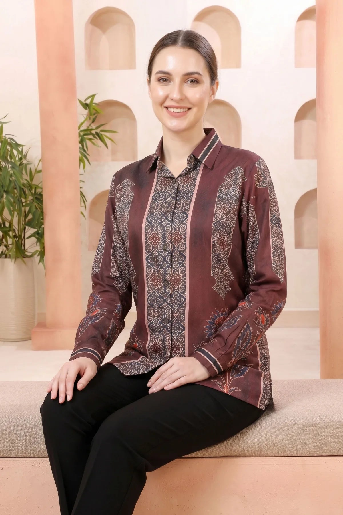 Maroon Modal Silk Printed Tunic with Shirt Collar