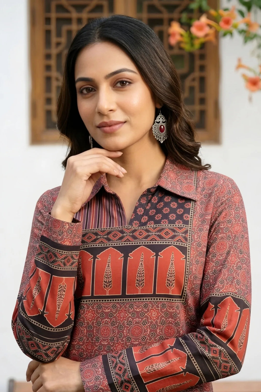 Rust Azrakh Print Modal Kurti with Shirt Collar