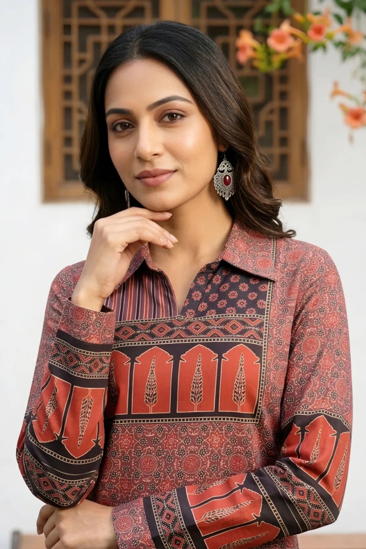 Rust Azrakh Print Modal Kurti with Shirt Collar