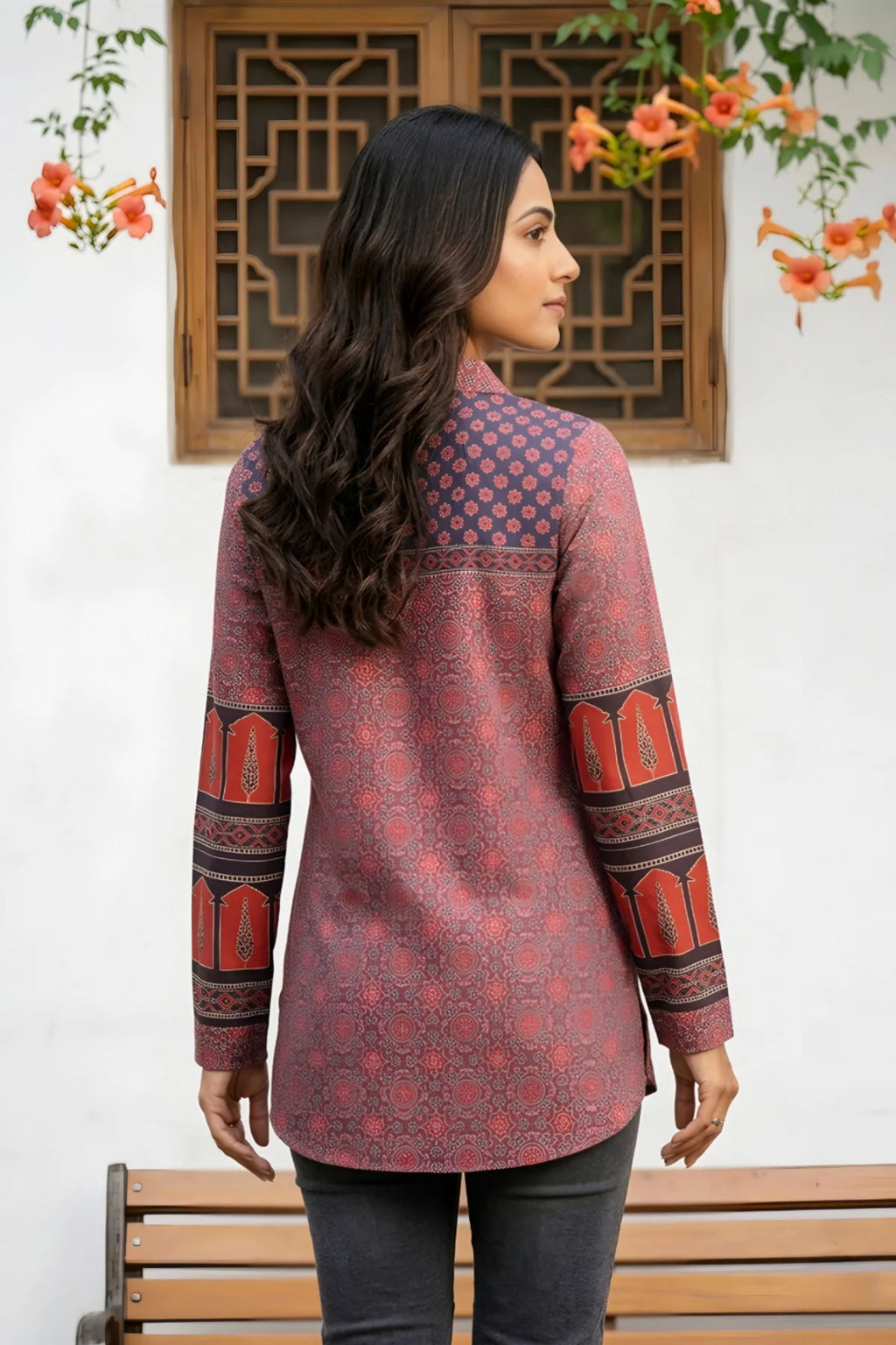 Rust Azrakh Print Modal Kurti with Shirt Collar