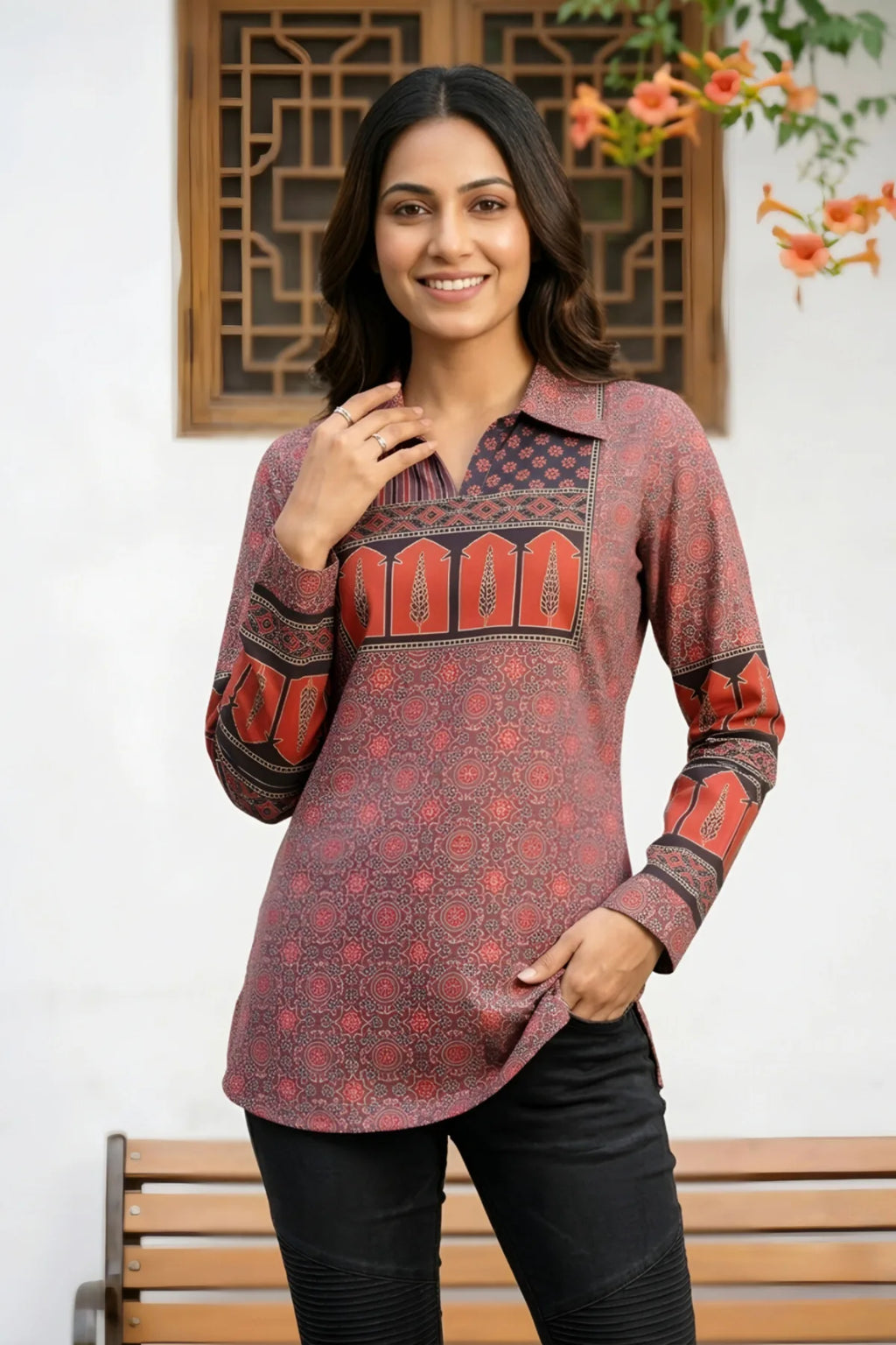 Rust Azrakh Print Modal Kurti with Shirt Collar