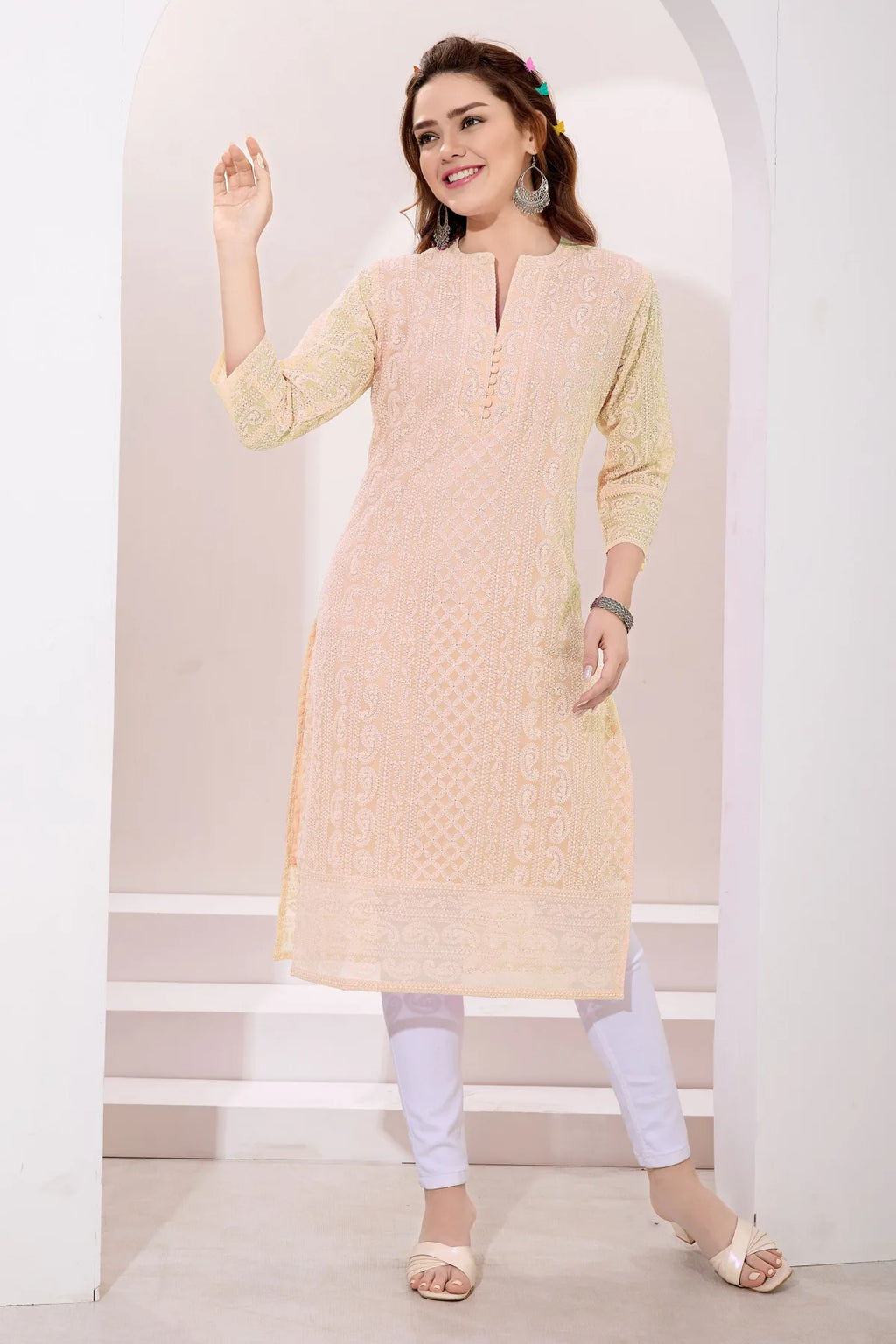 Beige Fine Georgette Chicken Embroidery Long Kurta