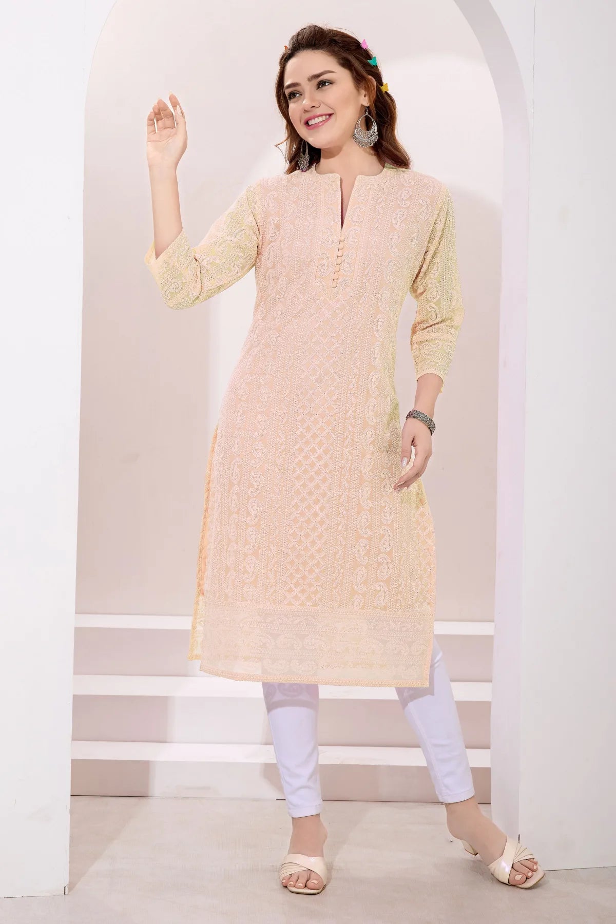 Beige Fine Georgette Chicken Embroidery Long Kurta
