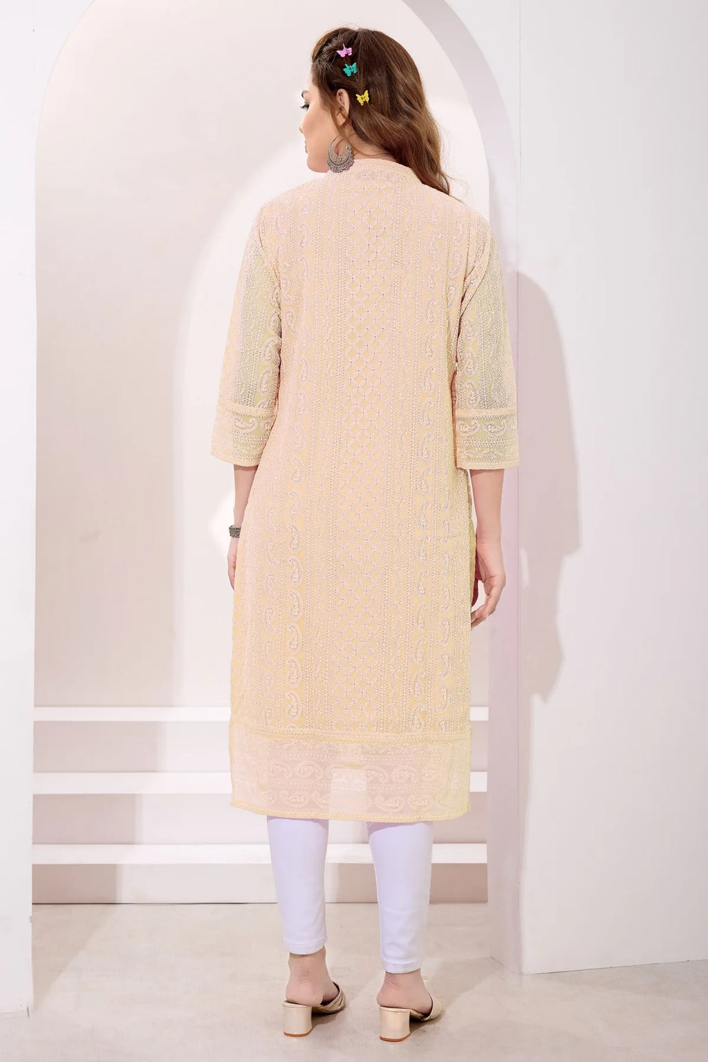 Beige Fine Georgette Chicken Embroidery Long Kurta