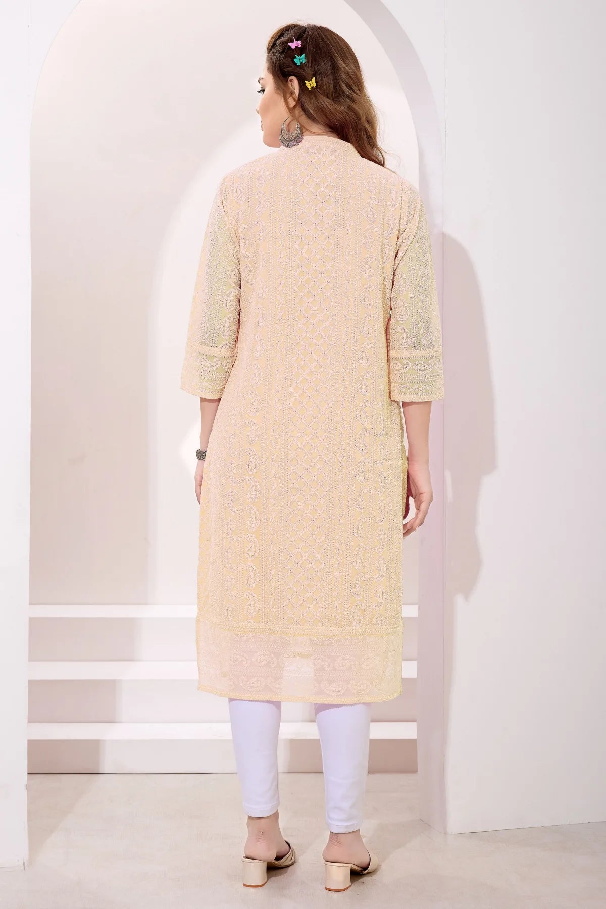 Beige Fine Georgette Chicken Embroidery Long Kurta