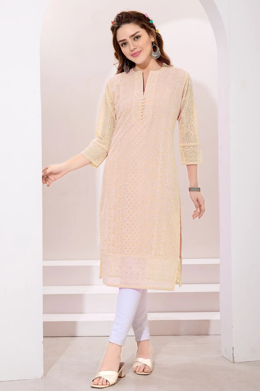 Beige Fine Georgette Chicken Embroidery Long Kurta