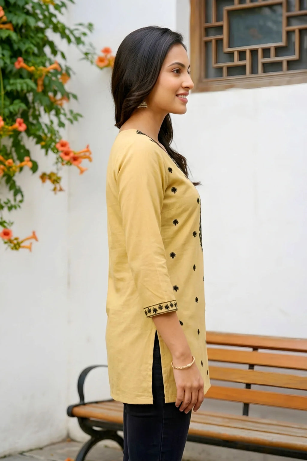 Beige Rayon Short Kurti with Chikankari Embroidery