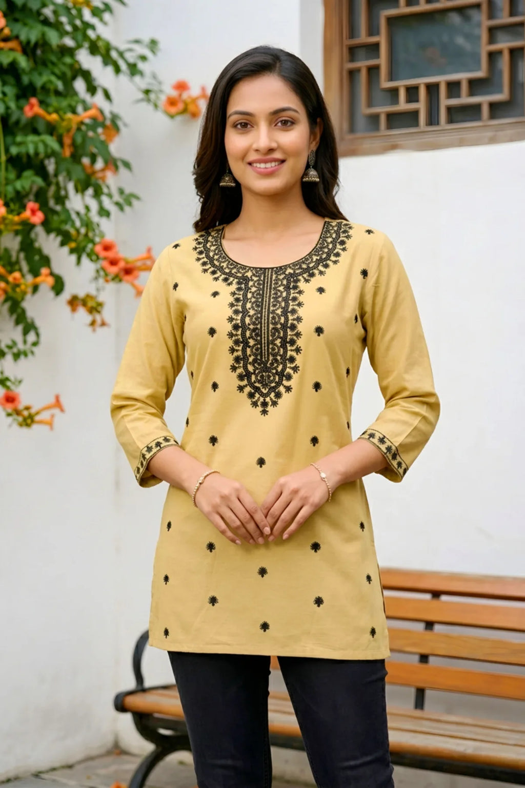 Beige Rayon Short Kurti with Chikankari Embroidery