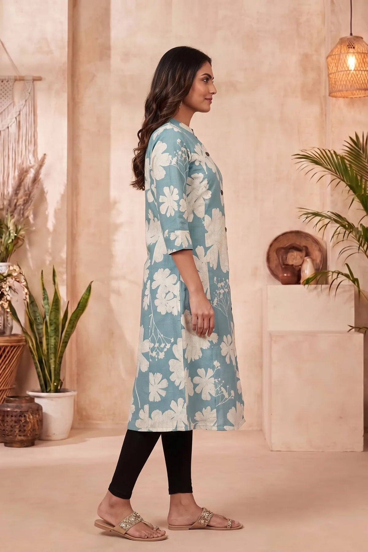 Powder Blue Floral Print Cotton Blend Long Kurti