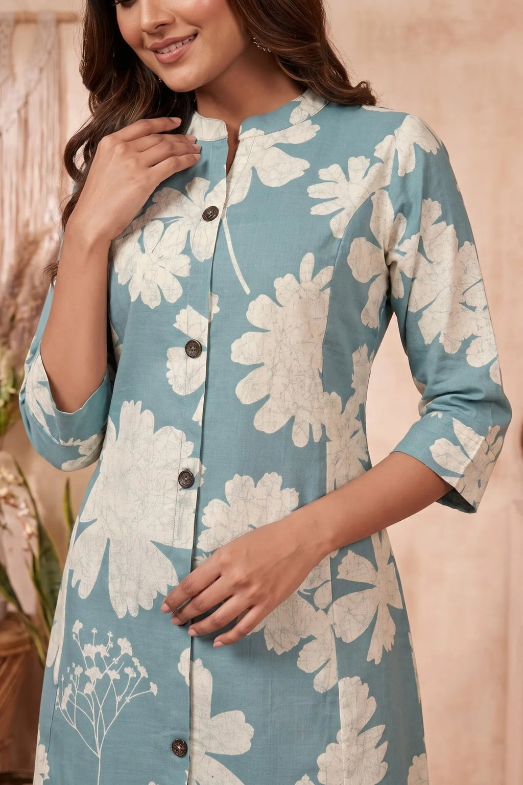 Powder Blue Floral Print Cotton Blend Long Kurti