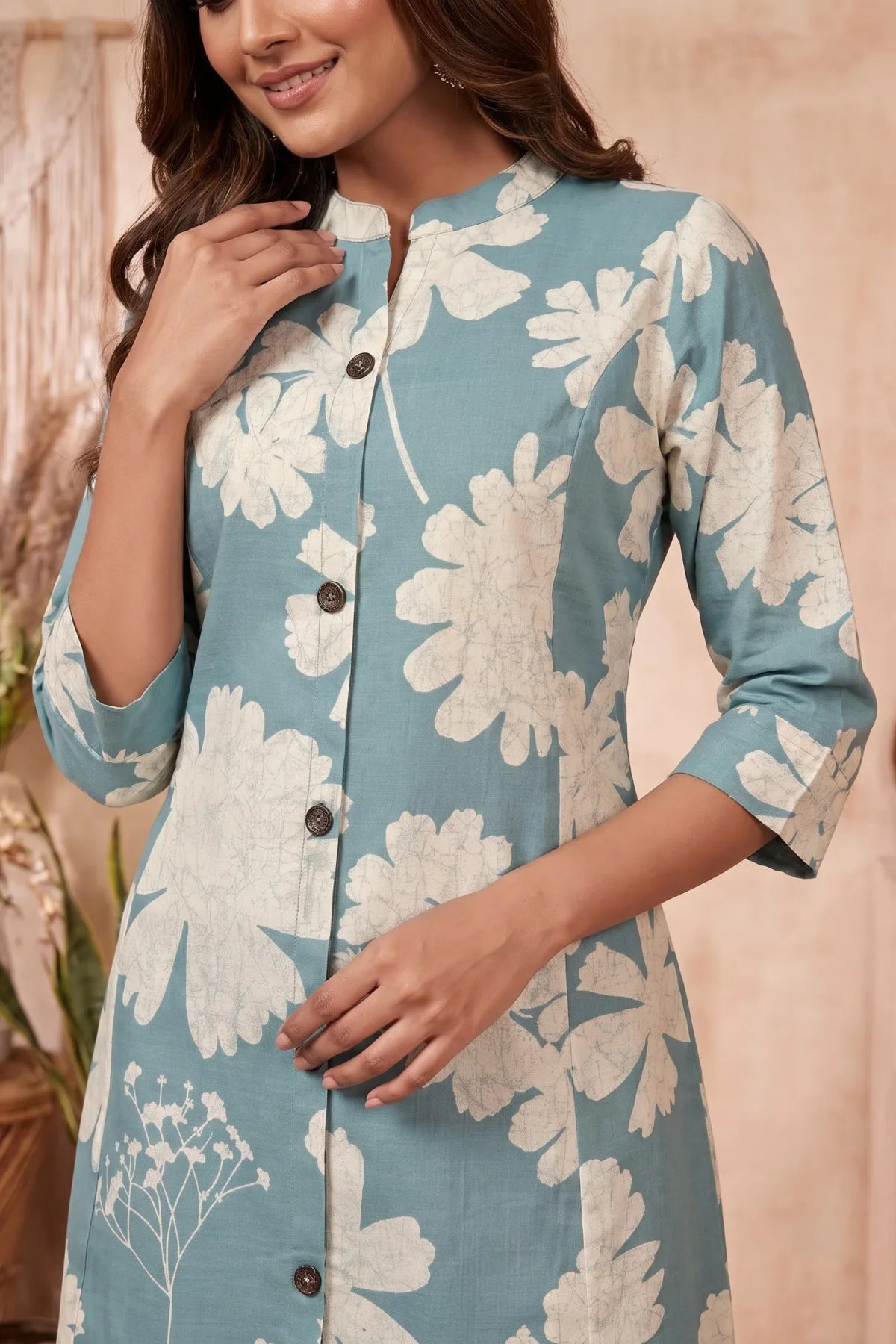 Powder Blue Floral Print Cotton Blend Long Kurti