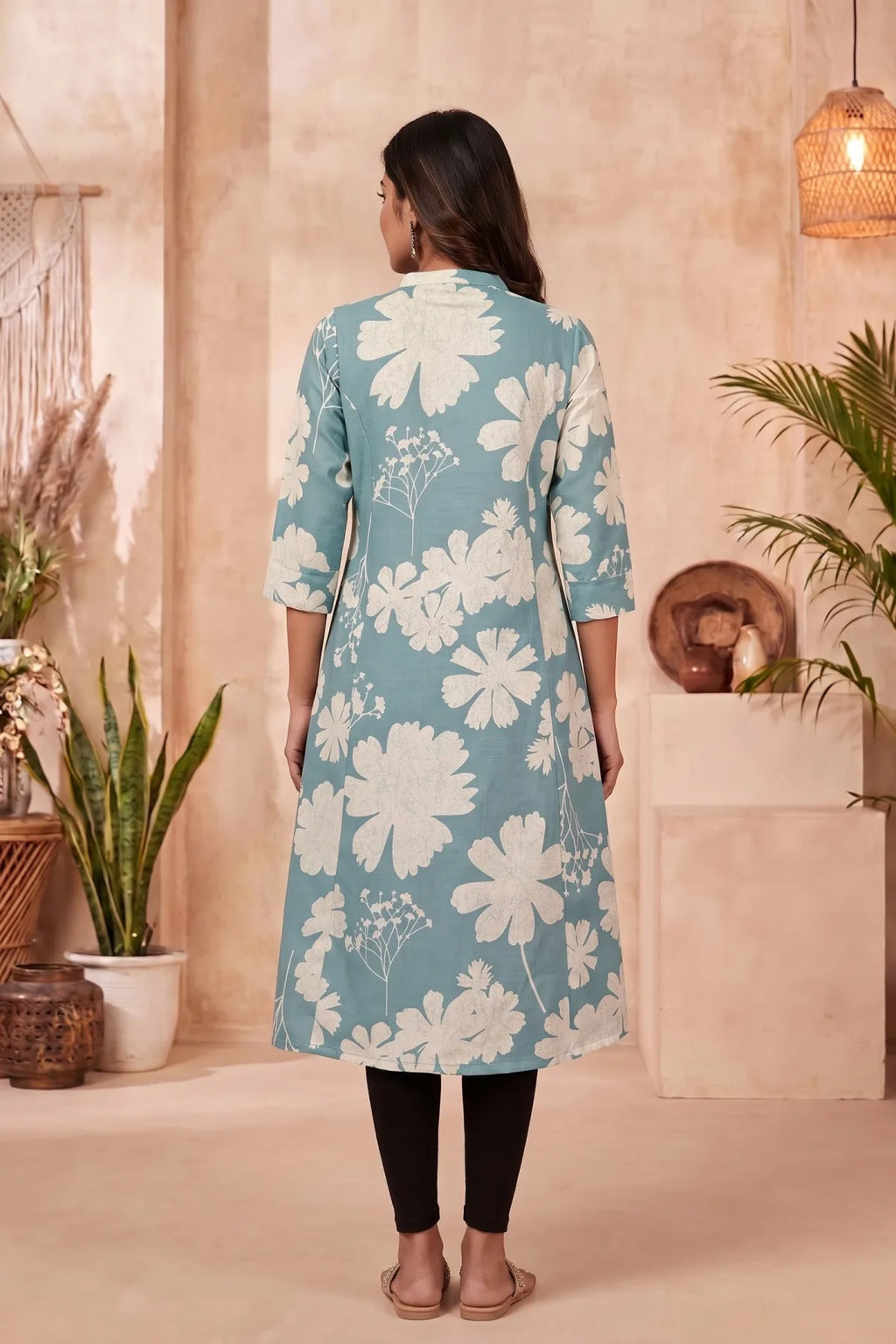Powder Blue Floral Print Cotton Blend Long Kurti