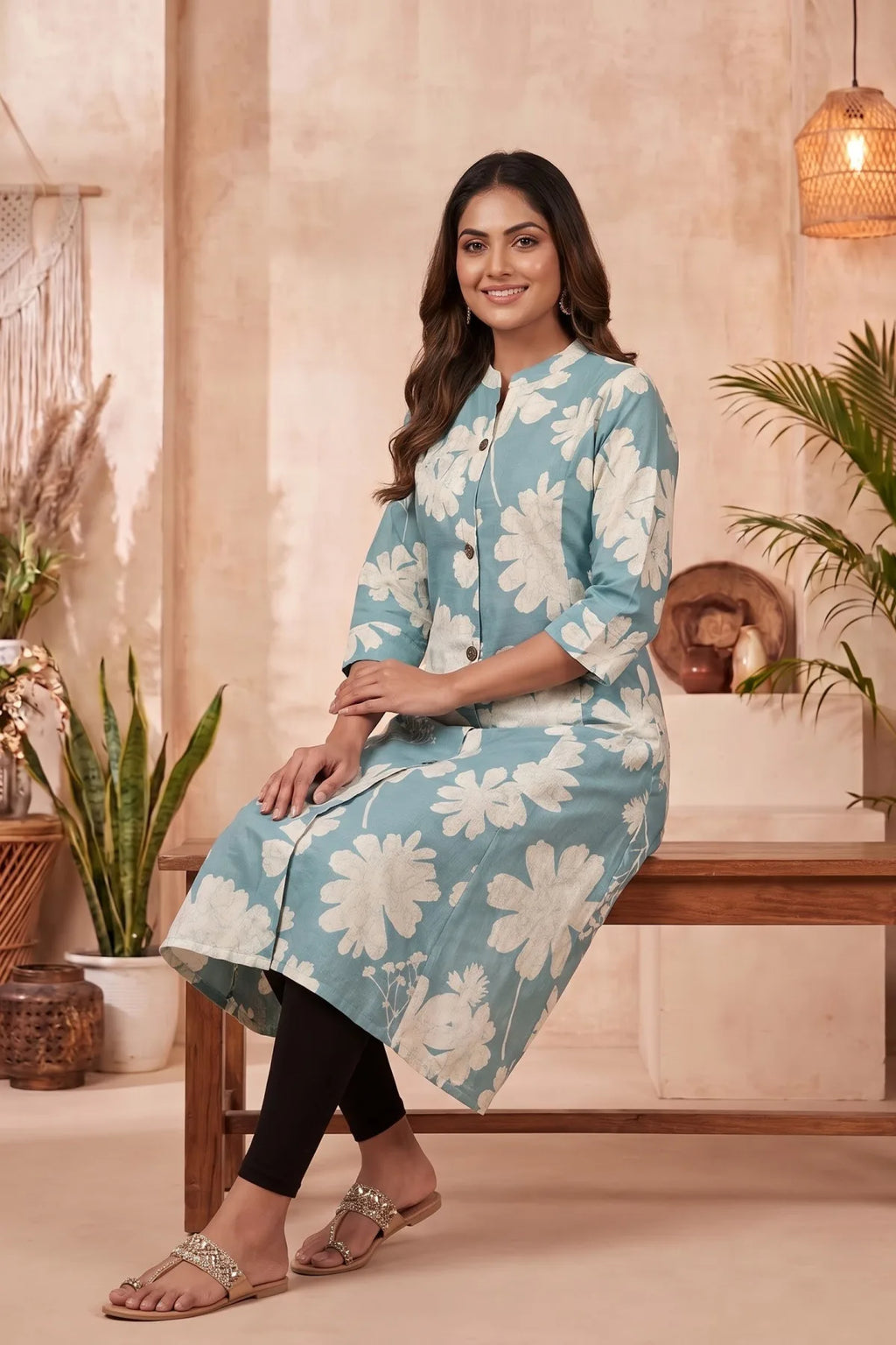 Powder Blue Floral Print Cotton Blend Long Kurti