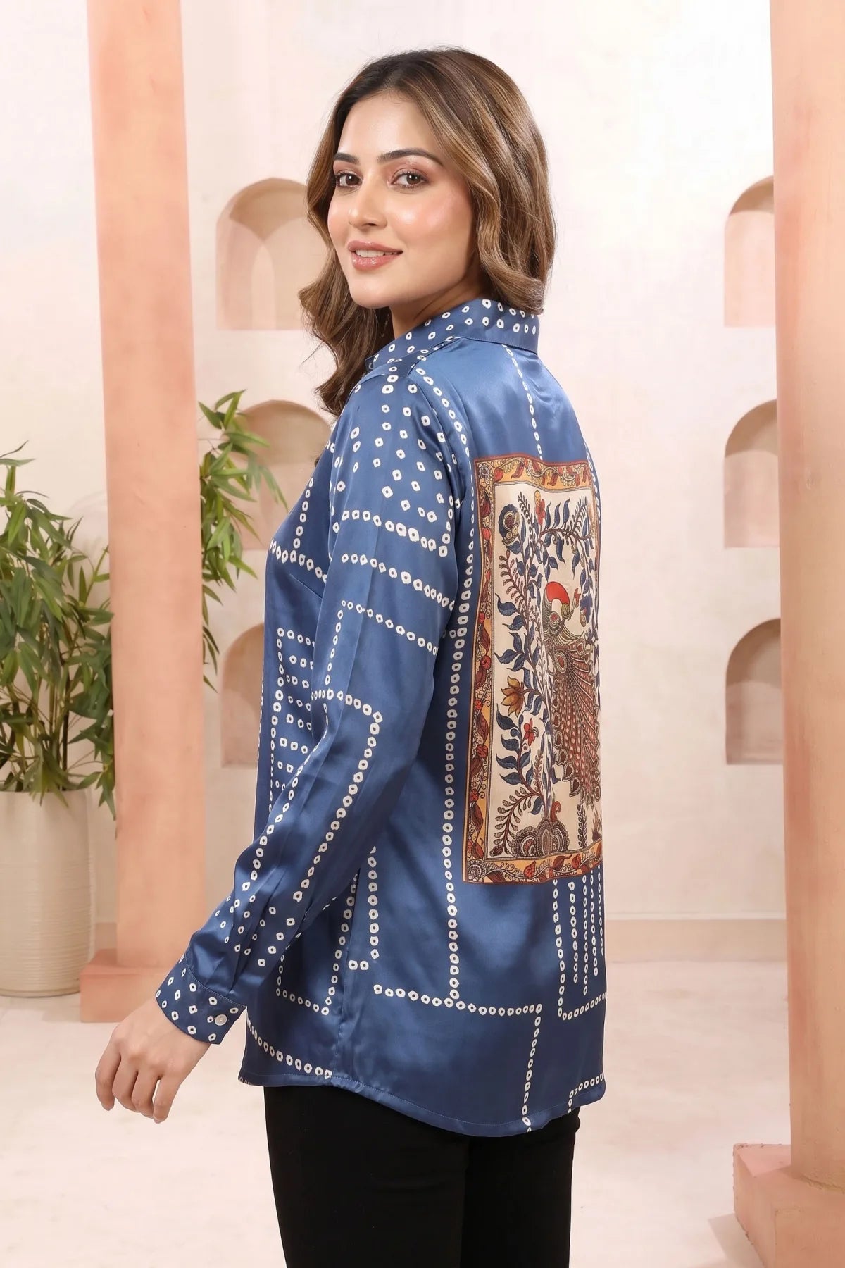 Indigo Blue Shirt Style Top with Bandhani Inspired Print