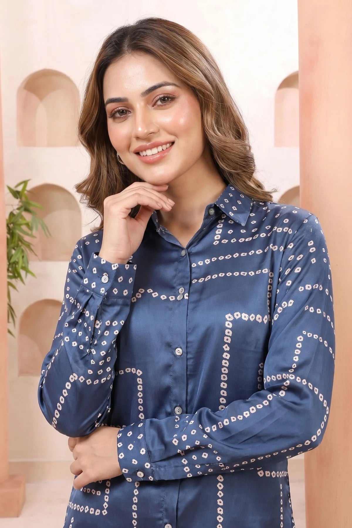 Indigo Blue Shirt Style Top with Bandhani Inspired Print