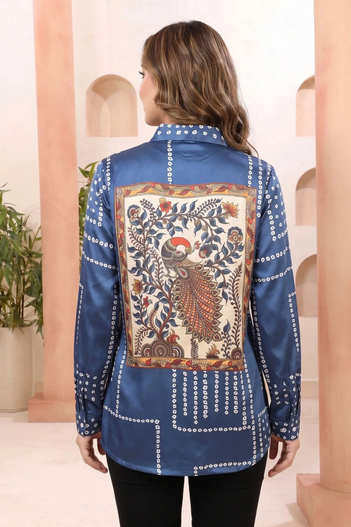 Indigo Blue Shirt Style Top with Bandhani Inspired Print