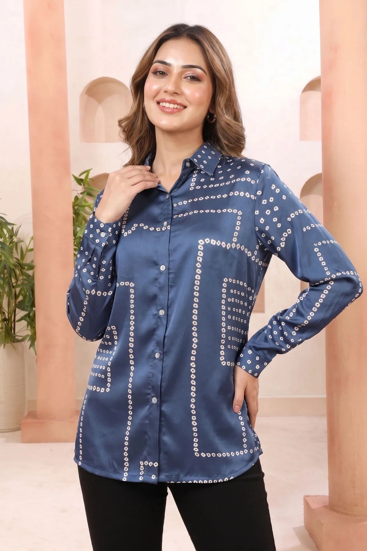 Indigo Blue Shirt Style Top with Bandhani Inspired Print