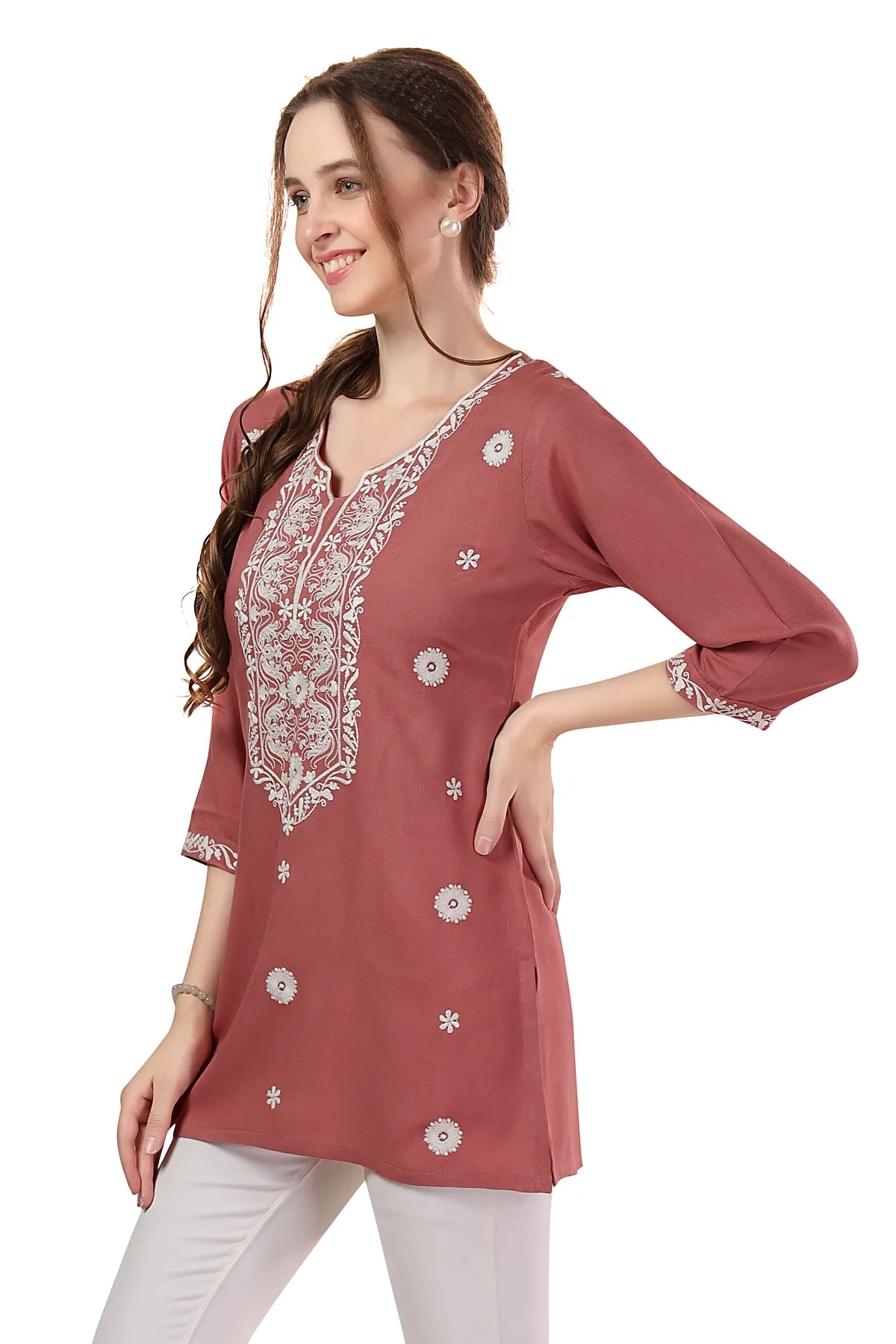 Dusty Tomato Rayon Tunic with Chikankari Embroidery