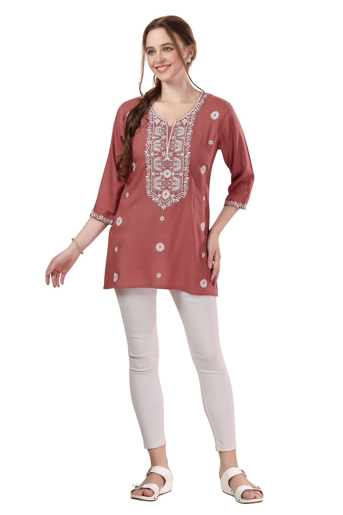 Dusty Tomato Rayon Tunic with Chikankari Embroidery
