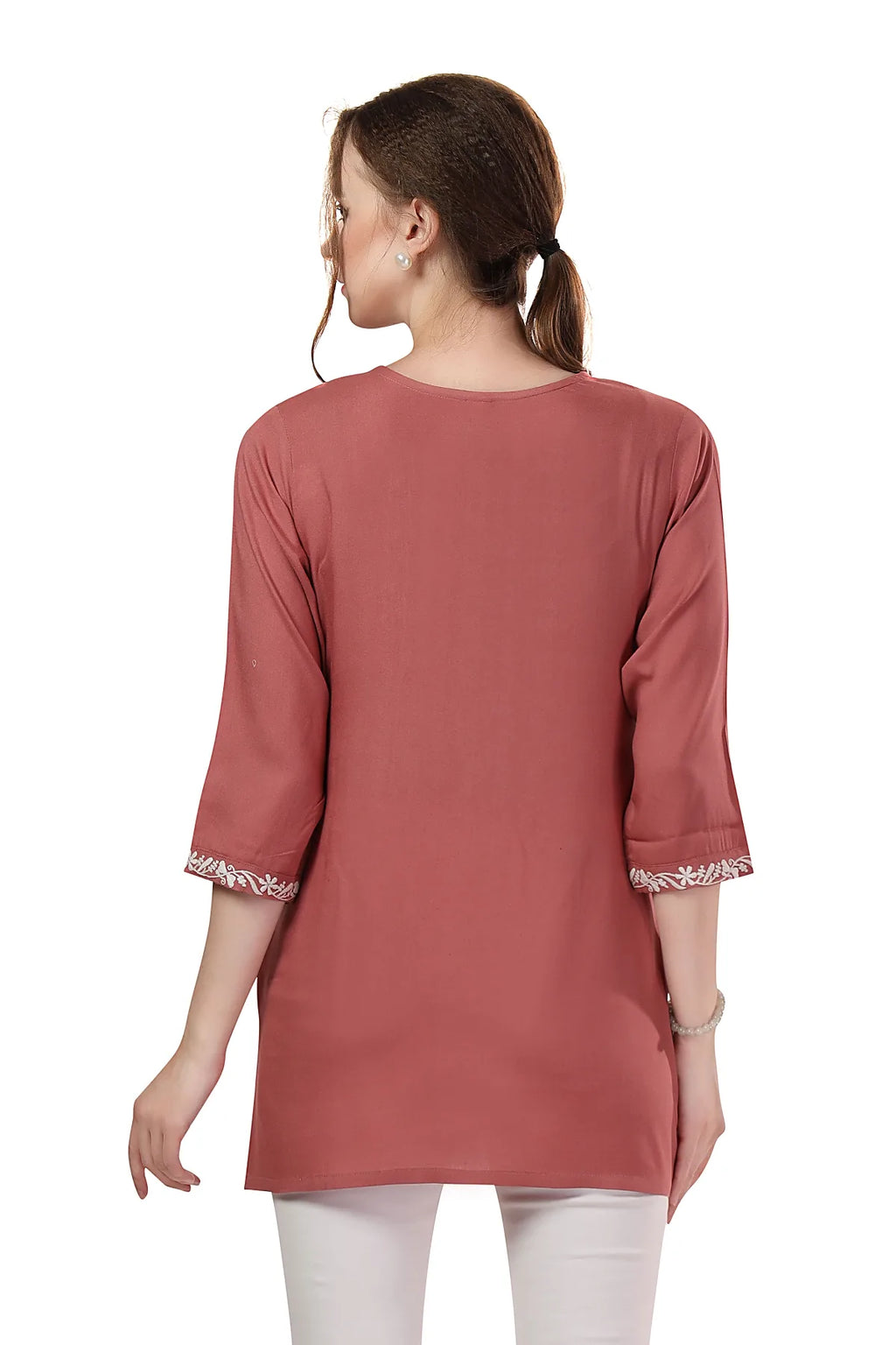 Dusty Tomato Rayon Tunic with Chikankari Embroidery