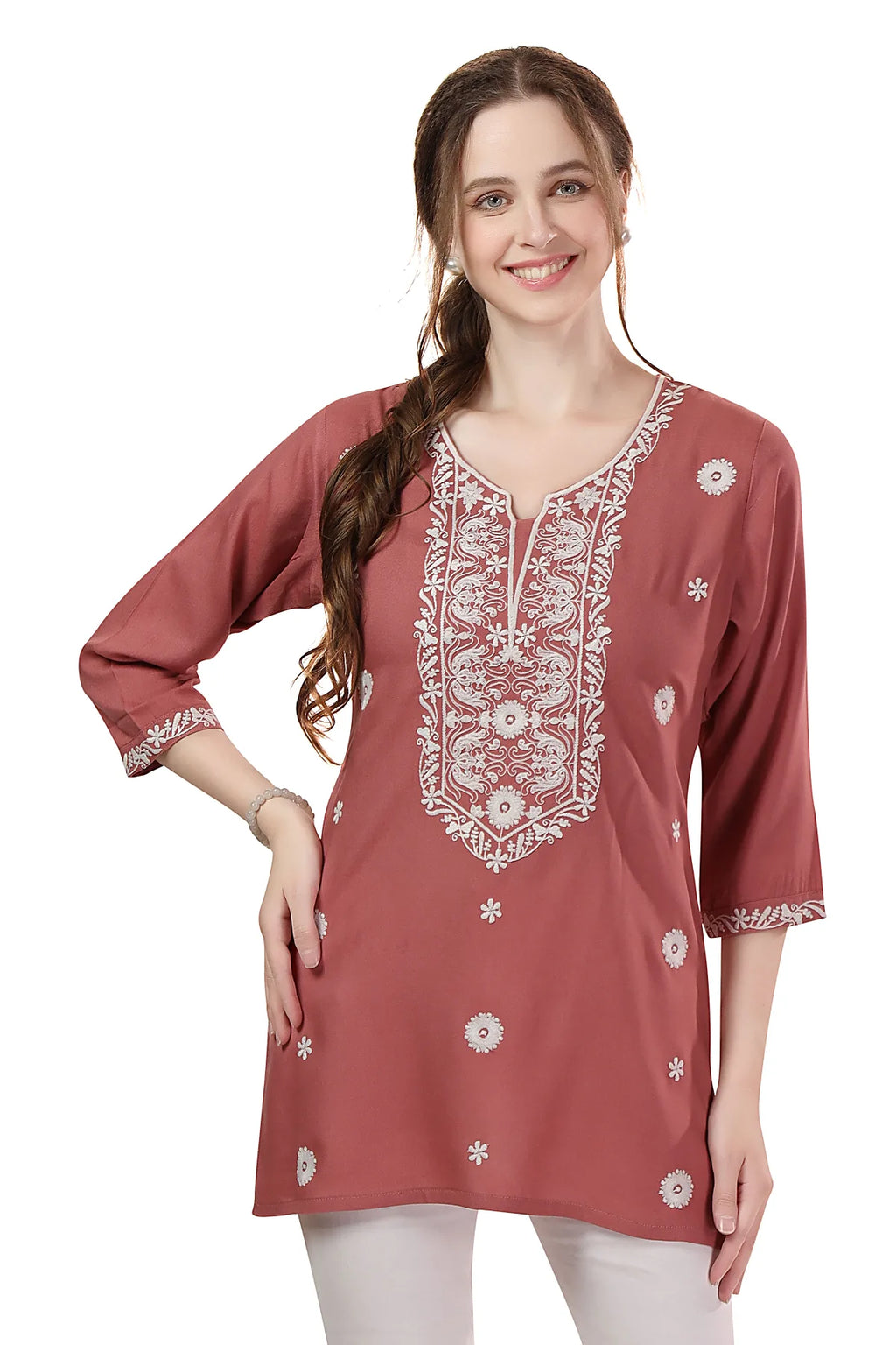 Dusty Tomato Rayon Tunic with Chikankari Embroidery