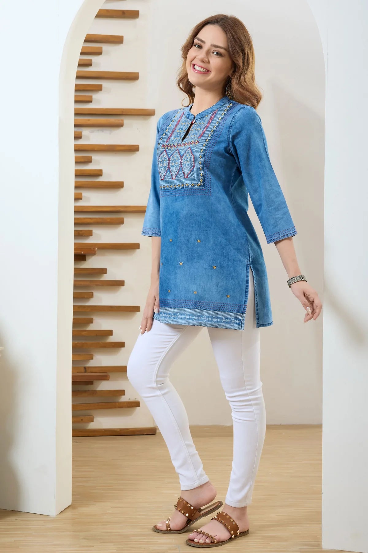 Denim Blue Tunic with Hand Embroidery Yoke