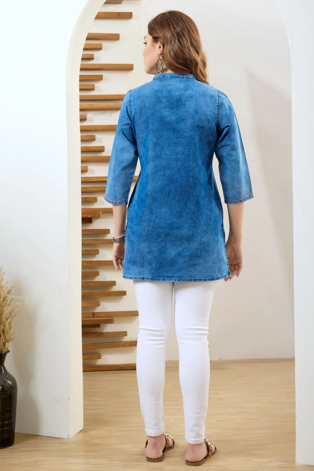 Denim Blue Tunic with Hand Embroidery Yoke
