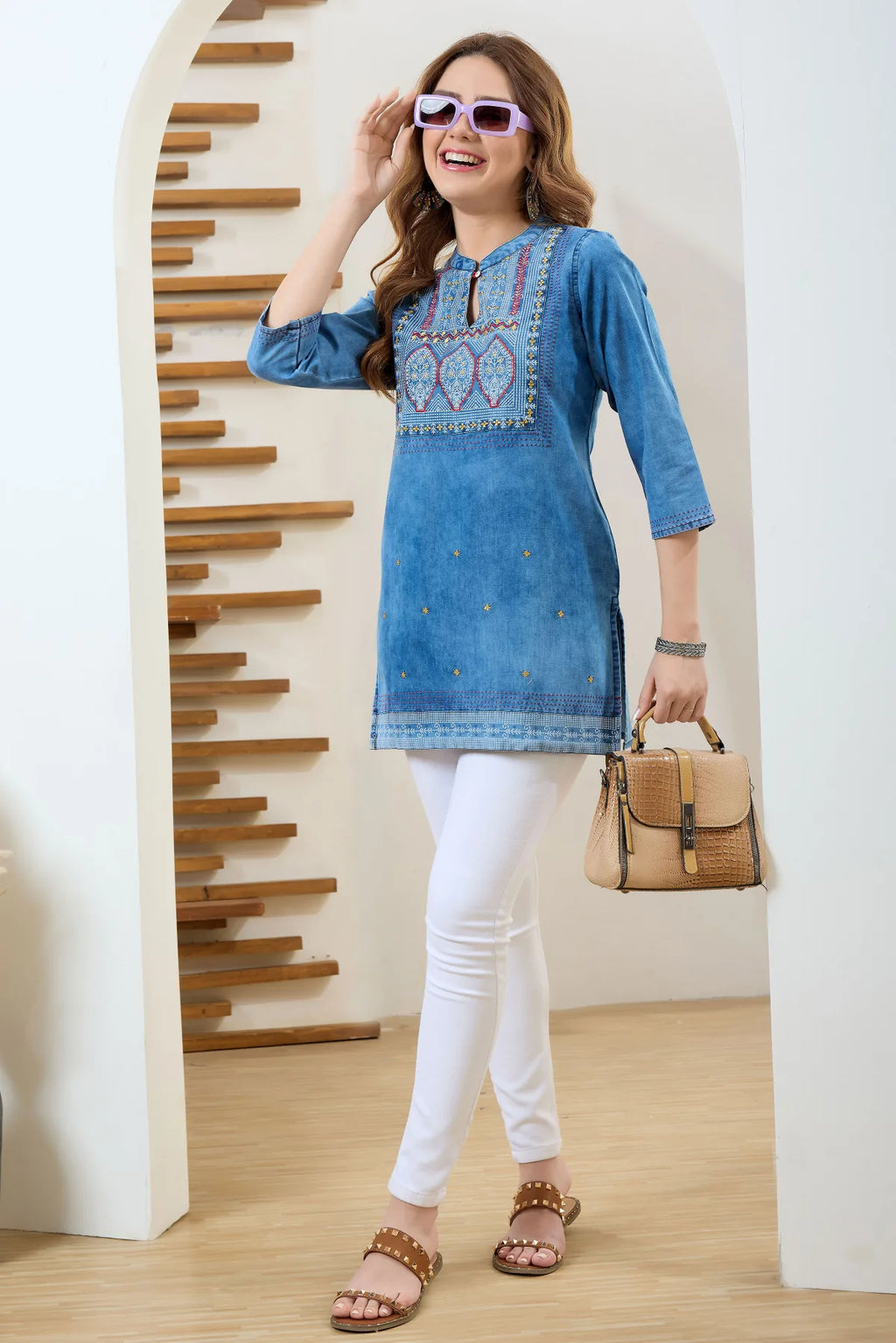 Denim Blue Tunic with Hand Embroidery Yoke