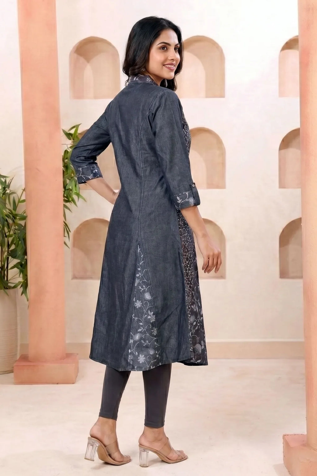 Black Denim A Line Kurti with Floral Print and Thread Work