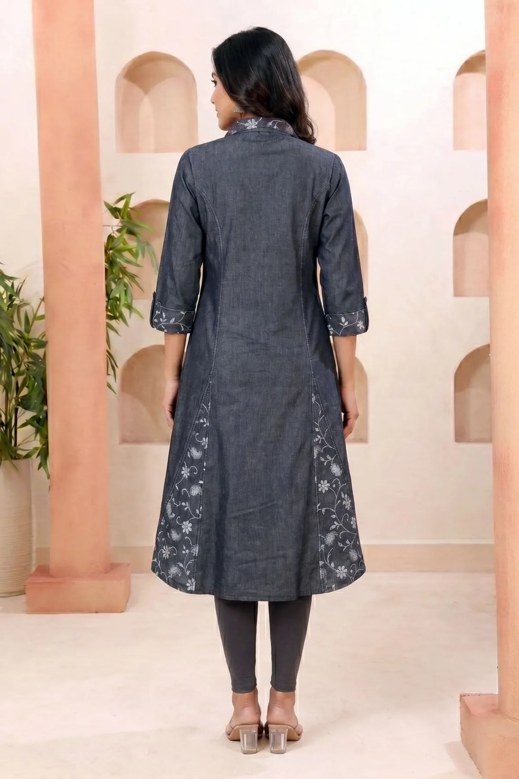 Black Denim A Line Kurti with Floral Print and Thread Work