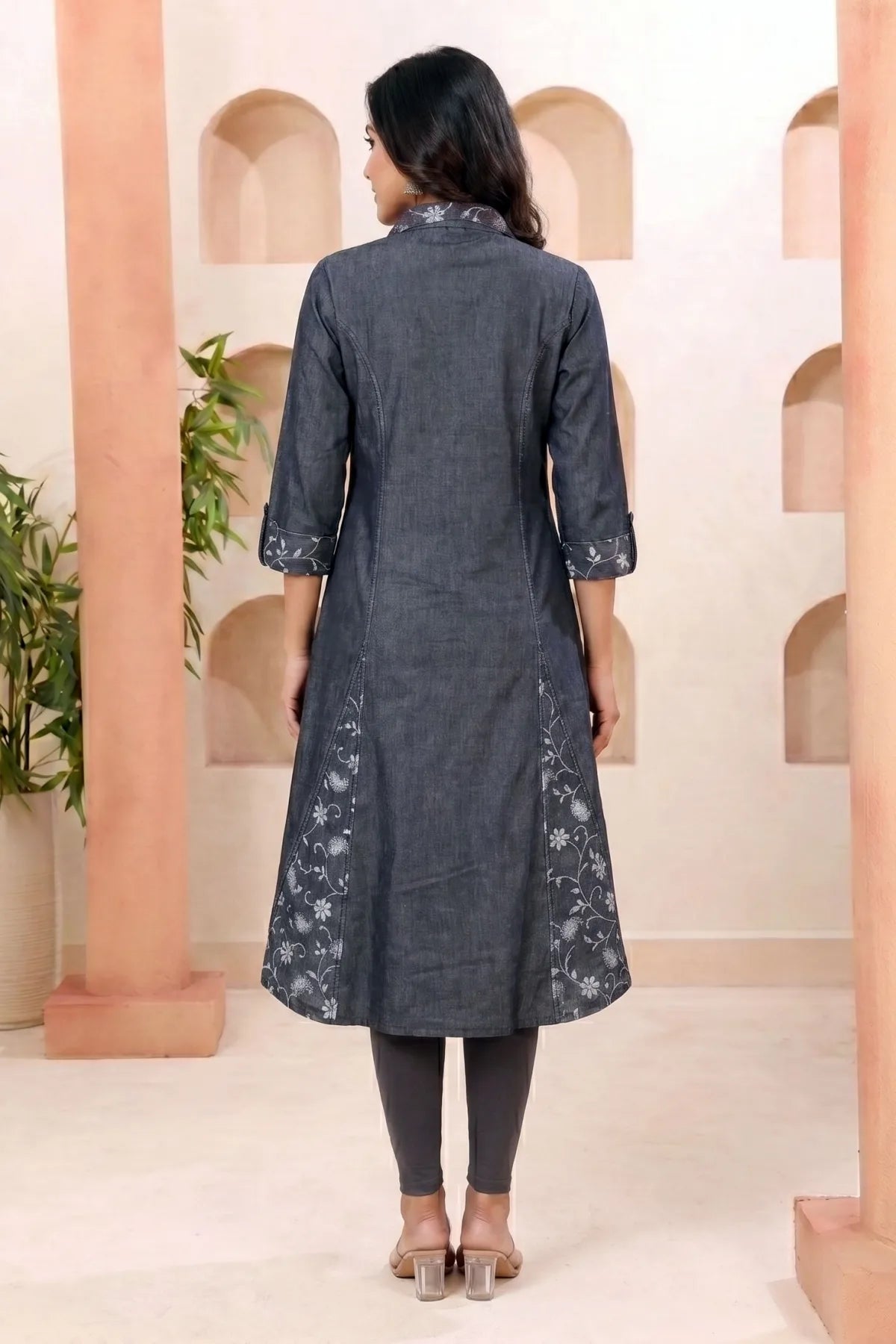 Black Denim A Line Kurti with Floral Print and Thread Work