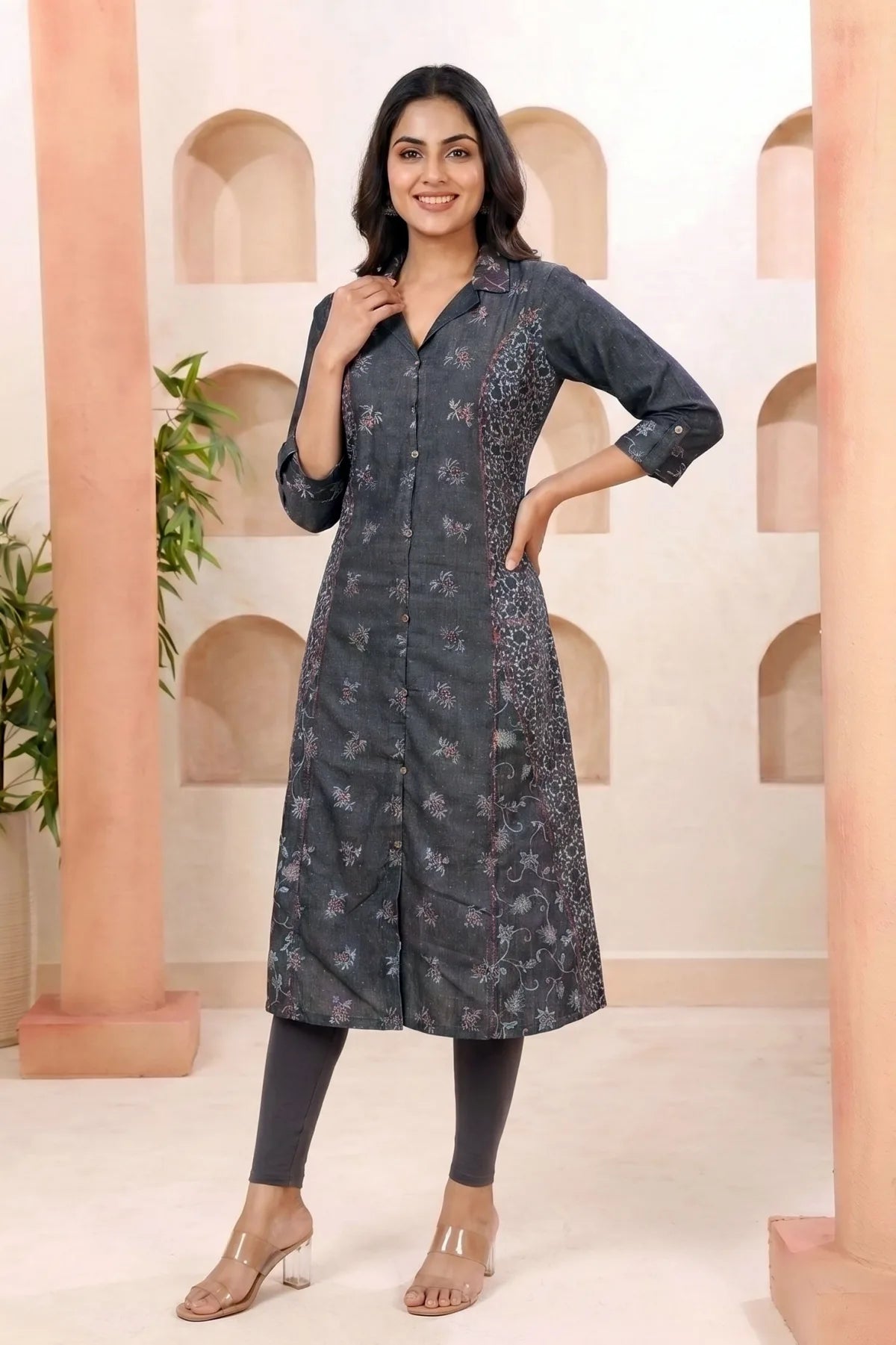 Black Denim A Line Kurti with Floral Print and Thread Work