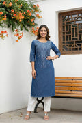 Indigo Blue Denim Long Kurti with Printed Motifs and Thread Work