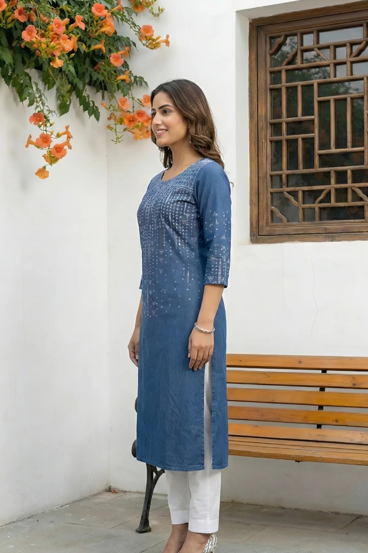 Indigo Blue Denim Long Kurti with Printed Motifs and Thread Work